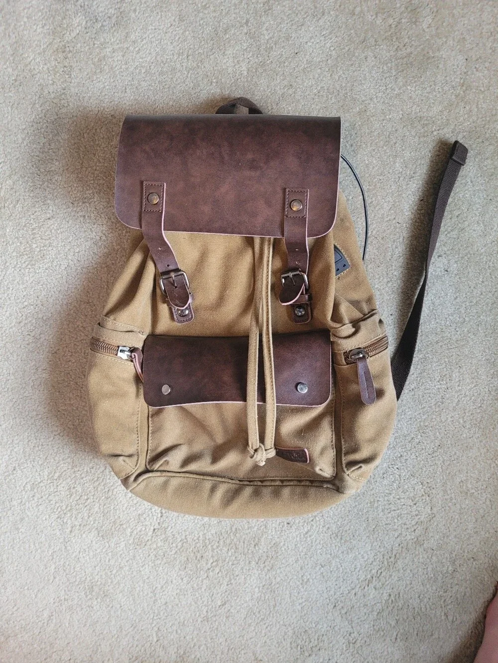Canvas Drawstring Backpack with Brown Leather Trim